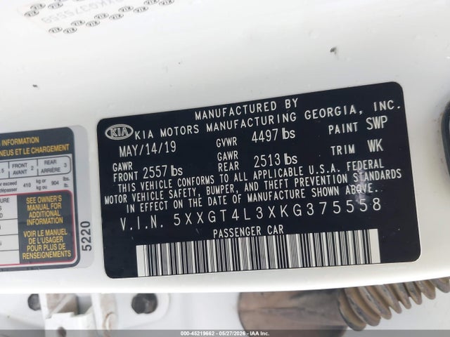Aukcja sprzedaży 2019 Kia Optima Lx, vin: 5XXGT4L3XKG375558, numer aukcji: 45219662