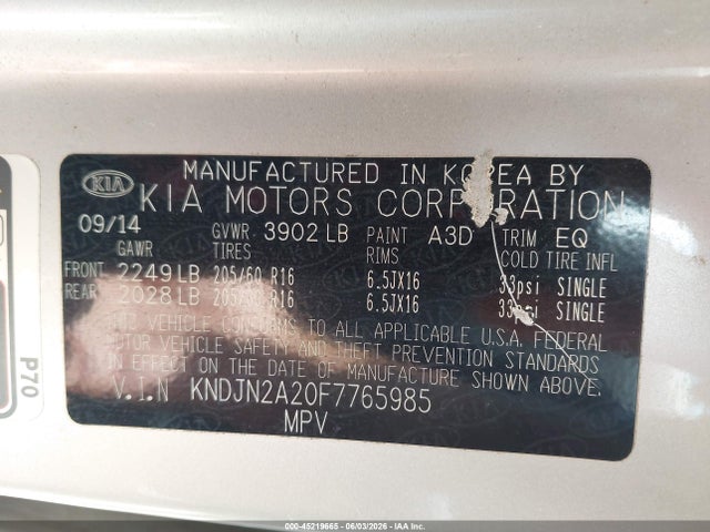 2015 Kia Soul მანქანა იყიდება აუქციონზე, vin: KNDJN2A20F7765985, აუქციონის ნომერი: 45219665
