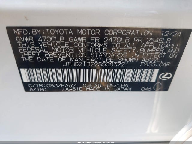 Aukcja sprzedaży 2025 Lexus Is 350 F Sport, vin: JTHGZ1B22S5083721, numer aukcji: 45219679