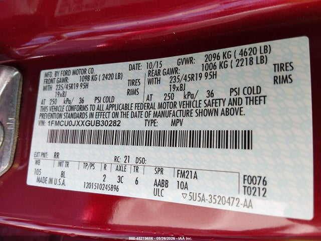 Продажа на аукционе авто 2016 Ford Escape Titanium, vin: 1FMCU0JXXGUB30282, номер лота: 45219686