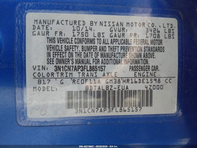 Продажа на аукционе авто 2015 Nissan Versa 1.6 Sv, vin: 3N1CN7AP3FL865157, номер лота: 45219687