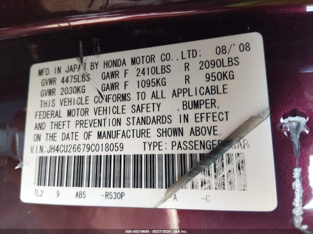 Продажа на аукционе авто 2009 Acura Tsx, vin: JH4CU26679C018059, номер лота: 45219698