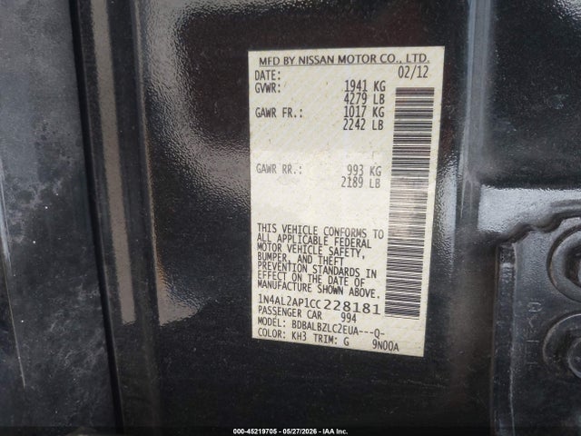 Aukcja sprzedaży 2012 Nissan Altima 2.5 S, vin: 1N4AL2AP1CC228181, numer aukcji: 45219705