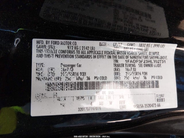 Aukcja sprzedaży 2017 Ford Focus Se, vin: 1FADP3F23HL302731, numer aukcji: 45219720