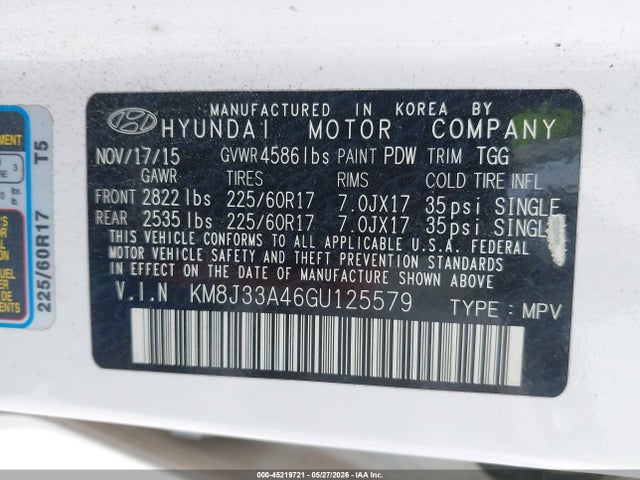 2016 Hyundai Tucson Se მანქანა იყიდება აუქციონზე, vin: KM8J33A46GU125579, აუქციონის ნომერი: 45219721