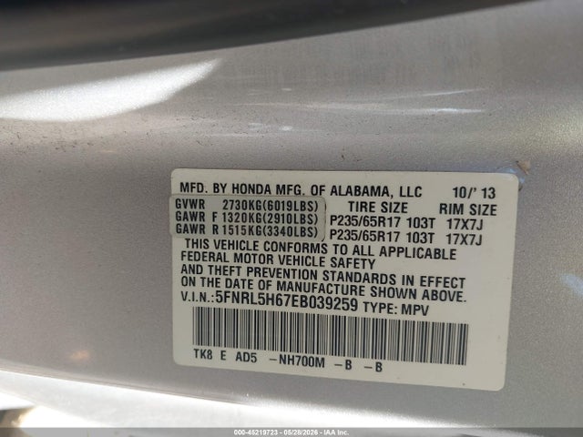 Aukcja sprzedaży 2014 Honda Odyssey Ex-l, vin: 5FNRL5H67EB039259, numer aukcji: 45219723