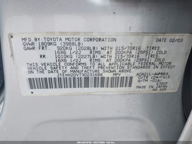 Продаж на аукціоні авто 2003 Toyota Rav4, vin: JTEHH20V730231688, номер лоту: 45219728