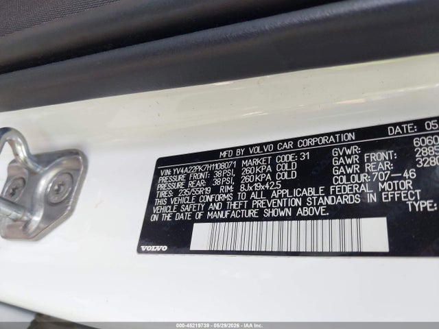 45219739 :رقم المزاد ، YV4A22PK7H1108071 vin ، 2017 Volvo Xc90 T6 Momentum مزاد بيع