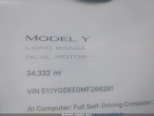 2021 Tesla Model Y Long Range Dual Motor All-wheel Drive მანქანა იყიდება აუქციონზე, vin: 5YJYGDEE0MF266281, აუქციონის ნომერი: 45219750