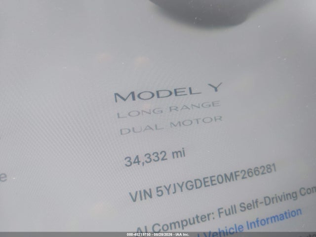 2021 Tesla Model Y Long Range Dual Motor All-wheel Drive მანქანა იყიდება აუქციონზე, vin: 5YJYGDEE0MF266281, აუქციონის ნომერი: 45219750