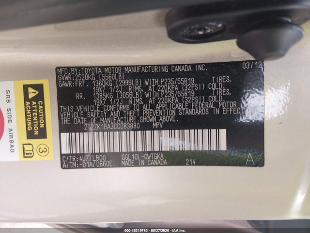 45219763 :رقم المزاد ، 2T2ZK1BA3CC083880 vin ، 2012 Lexus Rx 350 مزاد بيع