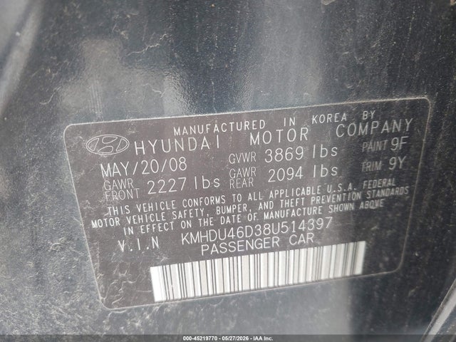 Aukcja sprzedaży 2008 Hyundai Elantra Gls/se, vin: KMHDU46D38U514397, numer aukcji: 45219770
