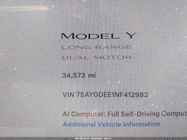 45219776 :رقم المزاد ، 7SAYGDEE1NF412983 vin ، 2022 Tesla Model Y Long Range Dual Motor All-wheel Drive مزاد بيع
