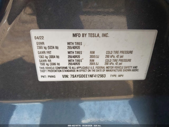45219776 :رقم المزاد ، 7SAYGDEE1NF412983 vin ، 2022 Tesla Model Y Long Range Dual Motor All-wheel Drive مزاد بيع