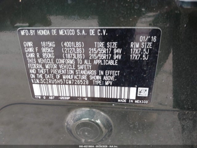 Продаж на аукціоні авто 2016 Honda Hr-v Ex, vin: 3CZRU5H57GM726528, номер лоту: 45219804