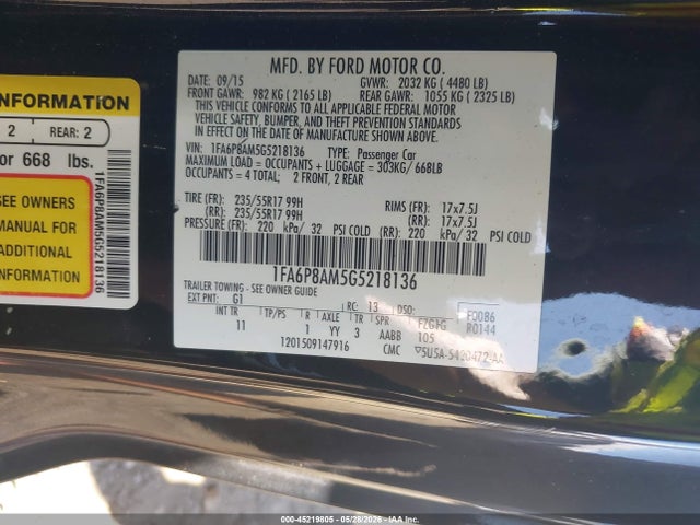 2016 Ford Mustang V6 მანქანა იყიდება აუქციონზე, vin: 1FA6P8AM5G5218136, აუქციონის ნომერი: 45219805