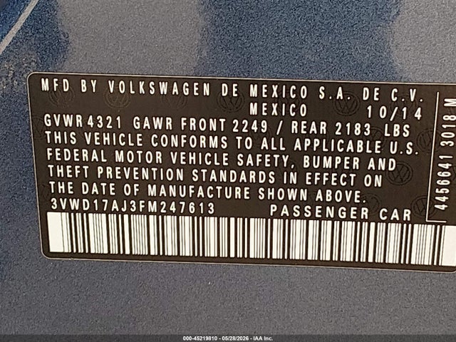 45219810 :رقم المزاد ، 3VWD17AJ3FM247613 vin ، 2015 Volkswagen Jetta 1.8t Se مزاد بيع