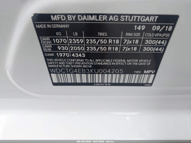 Aukcja sprzedaży 2019 Mercedes-benz Gla 250, vin: WDCTG4EB3KU004205, numer aukcji: 45219864