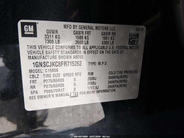 Продаж на аукціоні авто 2015 Chevrolet Suburban 1500 Lt, vin: 1GNSCJKC8FR715262, номер лоту: 45219869
