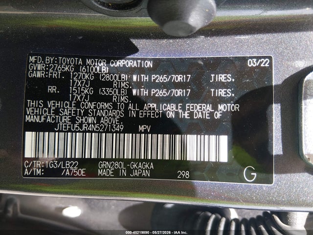 Продаж на аукціоні авто 2022 Toyota 4runner Sr5 Premium, vin: JTEFU5JR4N5271349, номер лоту: 45219890