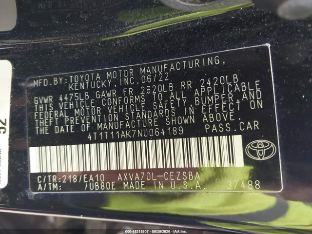 2022 Toyota Camry Se მანქანა იყიდება აუქციონზე, vin: 4T1T11AK7NU064189, აუქციონის ნომერი: 45219907