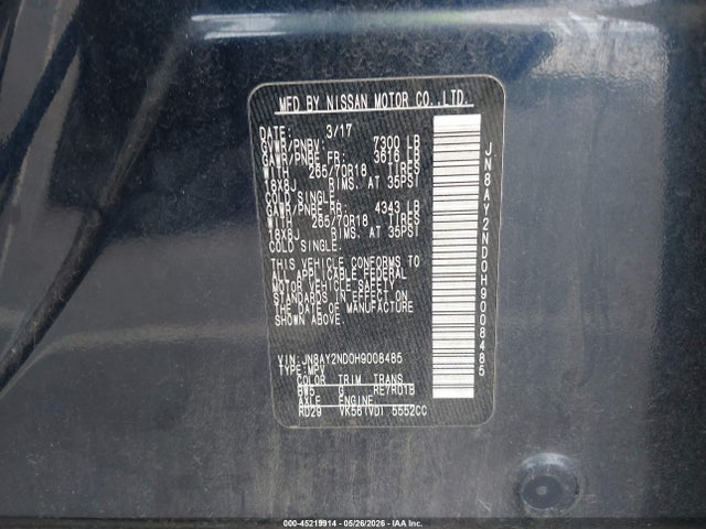 2017 Nissan Armada Sv მანქანა იყიდება აუქციონზე, vin: JN8AY2ND0H9008485, აუქციონის ნომერი: 45219914