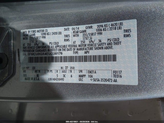 45219921 :رقم المزاد ، 1FMCU0GX4EUD38176 vin ، 2014 Ford Escape Se مزاد بيع