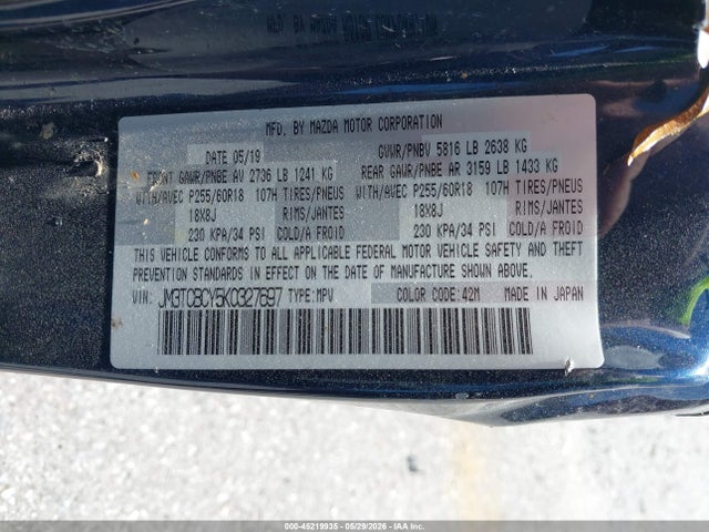 45219935 :رقم المزاد ، JM3TCBCY5K0327697 vin ، 2019 Mazda Cx-9 Touring مزاد بيع