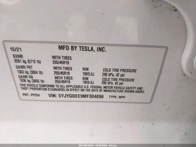 Продаж на аукціоні авто 2021 Tesla Model Y Long Range Dual Motor All-wheel Drive, vin: 5YJYGDEE9MF304896, номер лоту: 45219936