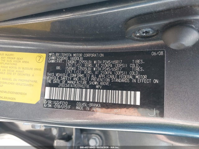 Aukcja sprzedaży 2008 Toyota Highlander, vin: JTEES41A782096218, numer aukcji: 45219942