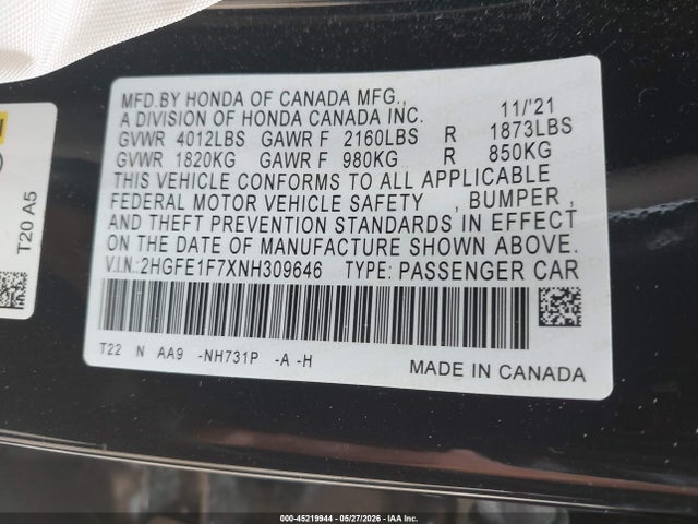 45219944 :رقم المزاد ، 2HGFE1F7XNH309646 vin ، 2022 Honda Civic Ex مزاد بيع