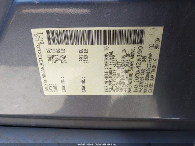 Продаж на аукціоні авто 2012 Nissan Altima 2.5 S, vin: 1N4AL2AP7CN428390, номер лоту: 45219948