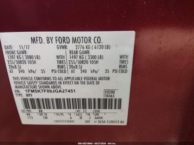 45219949 :رقم المزاد ، 1FM5K7F89JGA27451 vin ، 2018 Ford Explorer Limited مزاد بيع