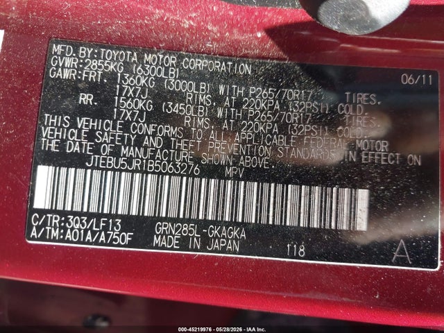 Aukcja sprzedaży 2011 Toyota 4runner Sr5 V6, vin: JTEBU5JR1B5063276, numer aukcji: 45219976