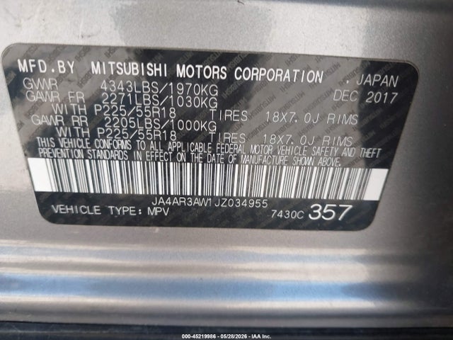 45219986 :رقم المزاد ، JA4AR3AW1JZ034955 vin ، 2018 Mitsubishi Outlander Sport 2.4 Se مزاد بيع