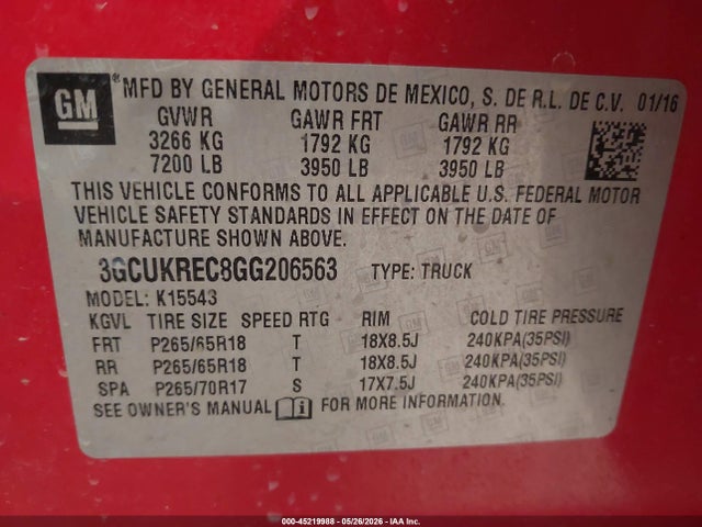 Продаж на аукціоні авто 2016 Chevrolet Silverado 1500 1lt, vin: 3GCUKREC8GG206563, номер лоту: 45219988