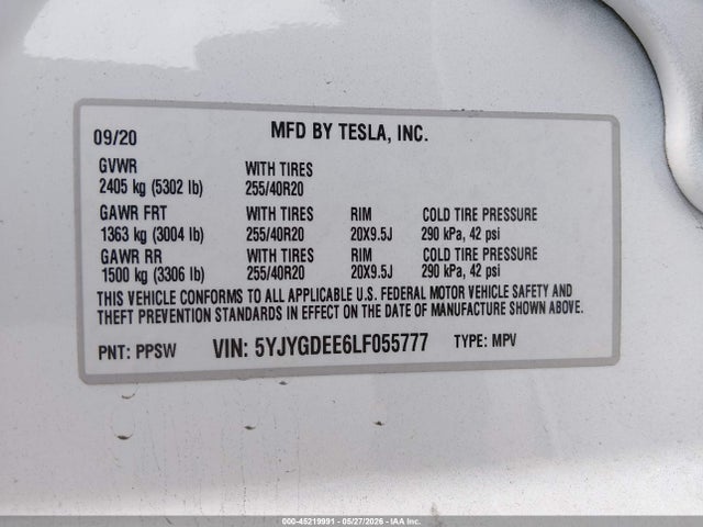 45219991 :رقم المزاد ، 5YJYGDEE6LF055777 vin ، 2020 Tesla Model Y Long Range Dual Motor All-wheel Drive مزاد بيع