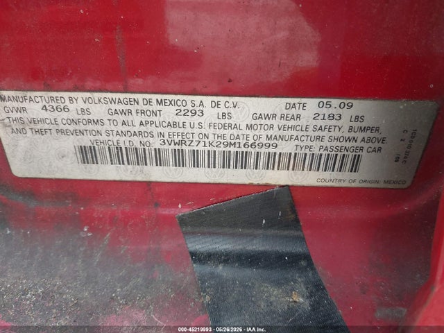Продаж на аукціоні авто 2009 Volkswagen Jetta Se, vin: 3VWRZ71K29M166999, номер лоту: 45219993