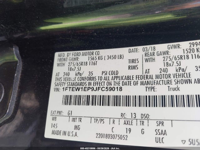 Aukcja sprzedaży 2018 Ford F-150 Xlt, vin: 1FTEW1EP9JFC59018, numer aukcji: 45219996