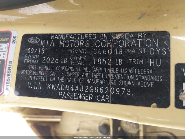 Aukcja sprzedaży 2016 Kia Rio Lx, vin: KNADM4A32G6620973, numer aukcji: 45220000