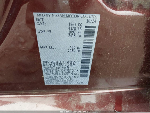 45220011 :رقم المزاد ، 1N4BL4DV7SN325463 vin ، 2025 Nissan Altima Sv Fwd مزاد بيع