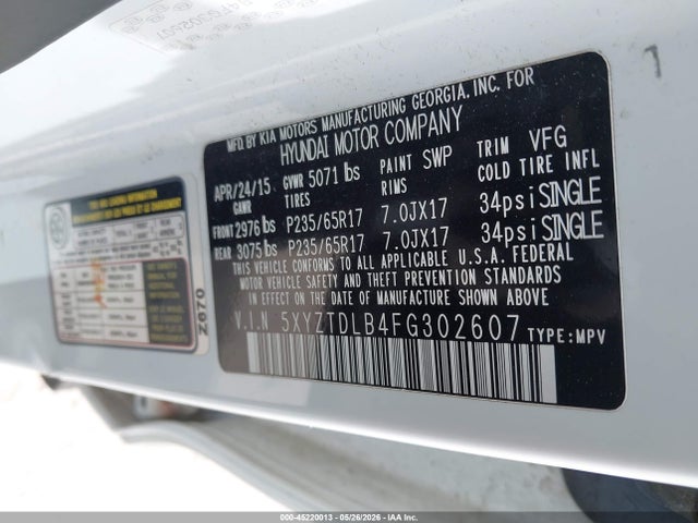 45220013 :رقم المزاد ، 5XYZTDLB4FG302607 vin ، 2015 Hyundai Santa Fe Sport 2.4l مزاد بيع