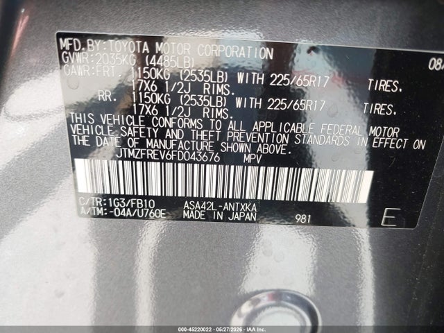 Aukcja sprzedaży 2015 Toyota Rav4 Le, vin: JTMZFREV6FD043676, numer aukcji: 45220022