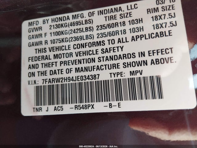 7FARW2H94JE034387 Honda Cr-v Touring