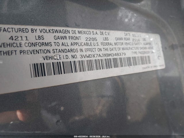 45220034 :رقم المزاد ، 3VWDX7AJXBM348379 vin ، 2011 Volkswagen Jetta 2.5l Se مزاد بيع