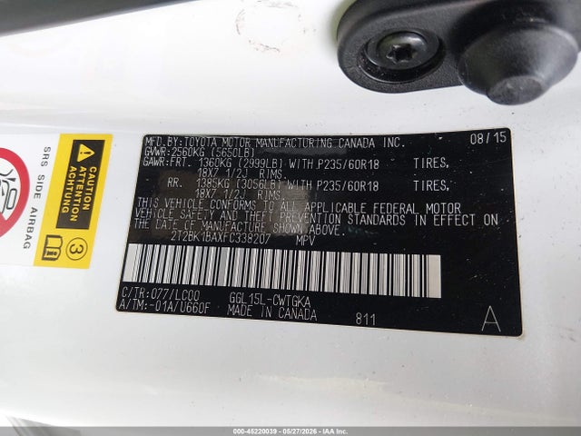 Aukcja sprzedaży 2015 Lexus Rx 350, vin: 2T2BK1BAXFC338207, numer aukcji: 45220039