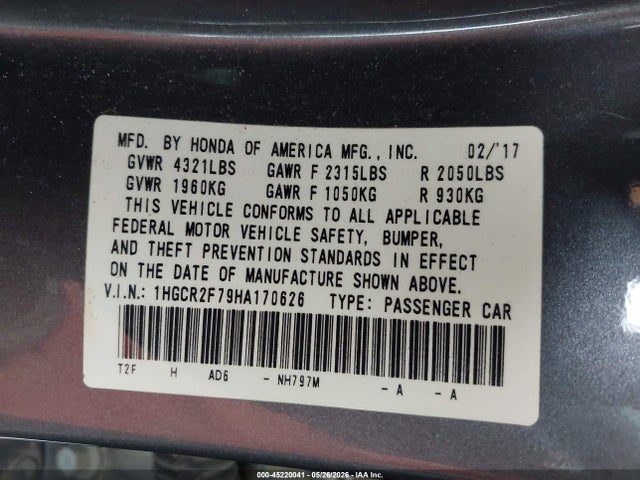 1HGCR2F79HA170626 Honda ACCORD EX