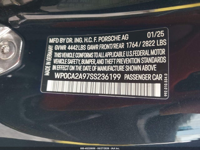 45220058 :رقم المزاد ، WP0CA2A97SS236199 vin ، 2025 Porsche 911 Carrera Cabriolet/carrera T Cabriolet مزاد بيع