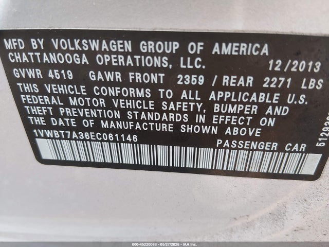 Aukcja sprzedaży 2014 Volkswagen Passat 1.8t Se, vin: 1VWBT7A36EC061146, numer aukcji: 45220068