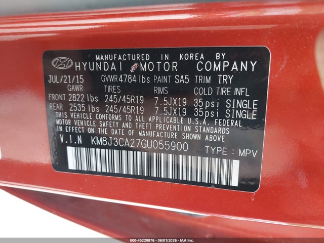 Aukcja sprzedaży 2016 Hyundai Tucson Sport, vin: KM8J3CA27GU055900, numer aukcji: 45220076